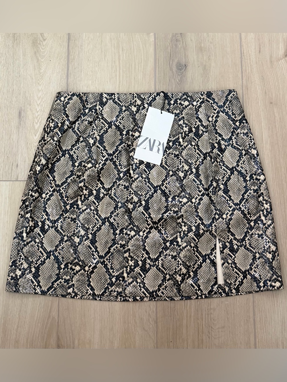 ZARA Black and Beige Snake-Print Mini Skirt